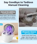 Collage of manual scrubbing mouthguard and Ultrasonic Retainer Cleaner Machine For Dentures Mouth Guards Night Guards Aligners And Jewelry 45kHz 250ml UV Deep Cleaning System Keeps Your Dental Gear Fresh And Germ Free in action