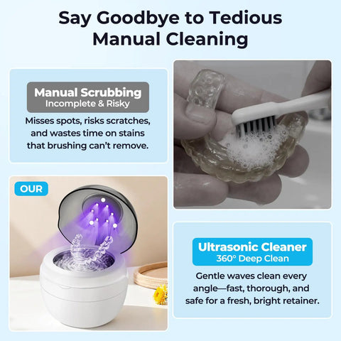 Collage of manual scrubbing mouthguard and Ultrasonic Retainer Cleaner Machine For Dentures Mouth Guards Night Guards Aligners And Jewelry 45kHz 250ml UV Deep Cleaning System Keeps Your Dental Gear Fresh And Germ Free in action