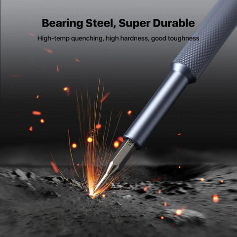 Close-up of a precision screwdriver tip made of bearing steel, showcasing sparks during use in repair tasks.
