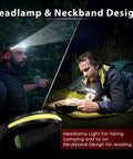 Man using Rechargeable Led Headlamp With 230 Degree Wide Beam And Four Light Modes For Camping Running Hiking Hard Hat Use