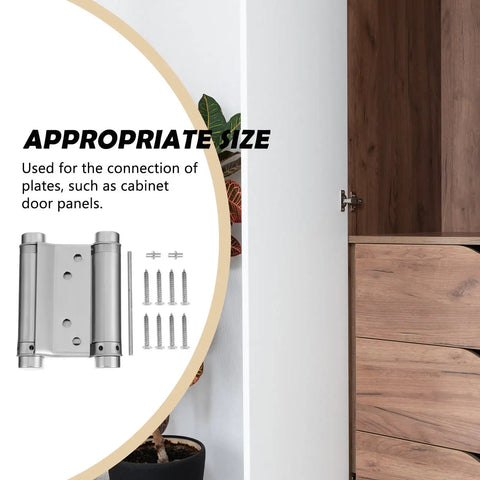 Automatic Two Way Door Spring Hinge With Adjustable Self Rebounding Action And Heavy Duty Steel Construction, screws, open cabinet
