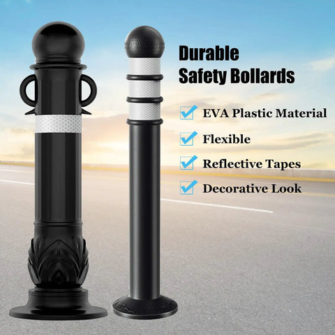 Kickass Reflective Traffic Cone And Plastic Bollard Post For Driveways, black EVA safety bollard with reflective tape, flexible design.