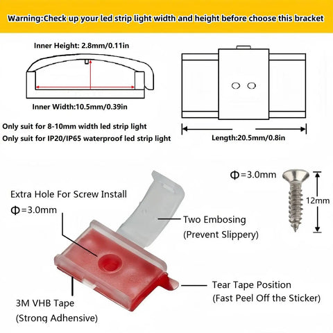Double Installation LED Strip Light Mounting Brackets With Self Adhesive Tape And Screws, Fits 8.0 To 10.5mm Width And Under 2.8mm Height, Indoor LED Clips Kit With 102 Screws For Quick, Solid Mounting