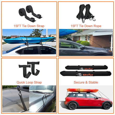 Universal Car Roof Rack Pads For Kayak Surfboard SUP Canoe With Heavy Duty Tie Down Straps Ropes Quick Loop Straps Installed