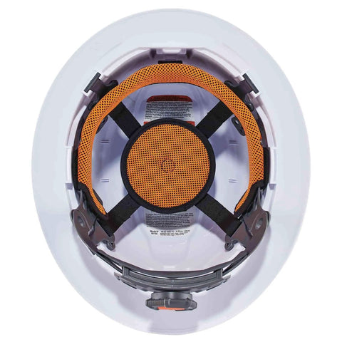 Inside view of Hard Hat With Light And Full Brim Ratchet Suspension Class E Skullerz 8971LED, showing orange padding and ratchet system.