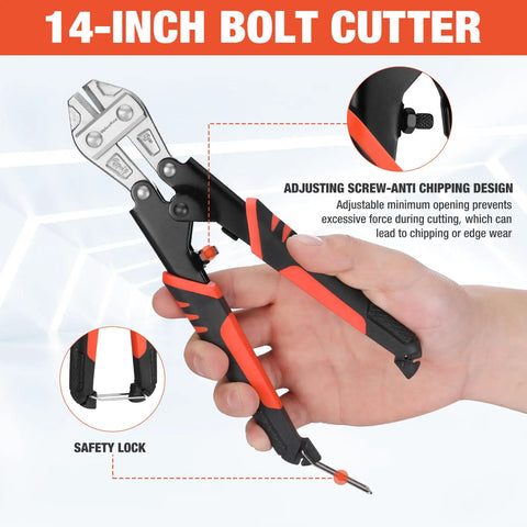 Beefy Heavy Duty Bolt Cutter Set 3 Piece With Carrying Bag Includes 14 Inch Bolt Cutter 8 Inch Mini Bolt Cutter And 8 Inch Cable Cutter For Locks Wires Barbed Wire Chains And More. 14-inch bolt cutter with anti-chipping design in hand