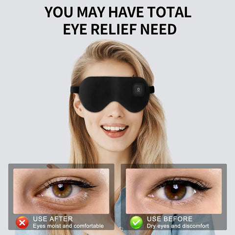 Woman wearing a Cordless Heated Eye Mask For Dry Eyes And Better Sleep With Hot And Cold Gel Compress Rechargeable 1000mAh Battery.