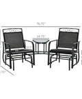 Two-Seat Outdoor Glider Chair Set With Coffee Table For Patio And Backyard, Breathable Sling Seats With Dimensions Shown