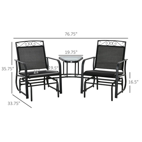 Two-Seat Outdoor Glider Chair Set With Coffee Table For Patio And Backyard, Breathable Sling Seats With Dimensions Shown