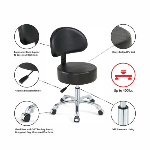 Swivel Rolling Stool With Thick Cushioned Pad, 360 Degree Adjustable Height Office Chair On Quiet Casters For Docs and Clinics