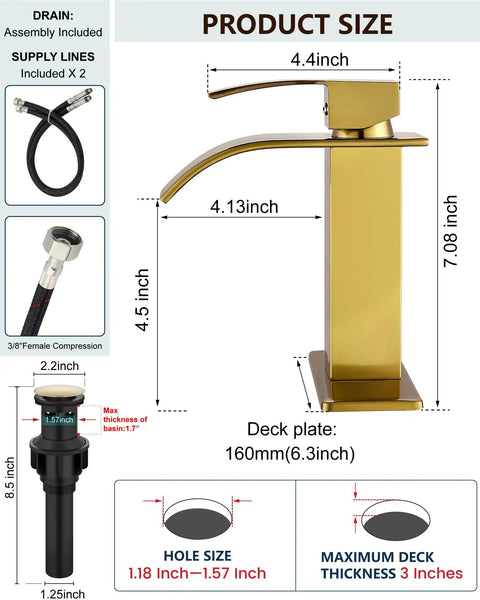 Gold Waterfall Bathroom Faucet With Pop-Up Drain, 304 Stainless Steel Sink Faucet dimensions and components diagram