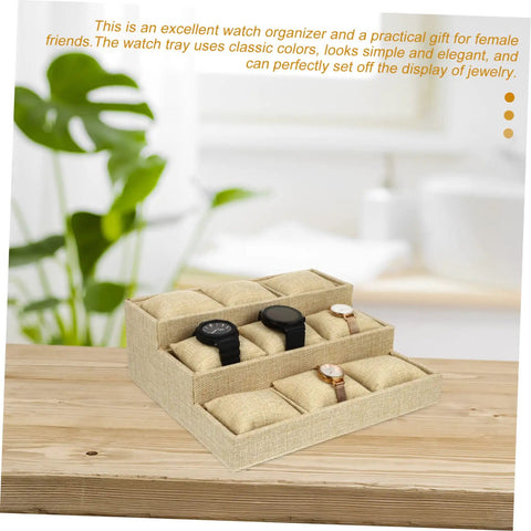 Slick Linen Watch Organizer Tray With Nine Generous Grids For Snagging And Showcasing Your Favorite Timepieces Plus Luxury Jewelry Collection Top Shelf Desk Storage Solution, displaying black and gold watches on a textured linen tray.