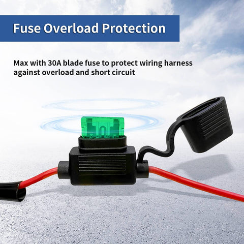 10ft Heavy Duty LED Light Bar Wiring Harness Kit With 12AWG Power Relay showing blade fuse for overload protection