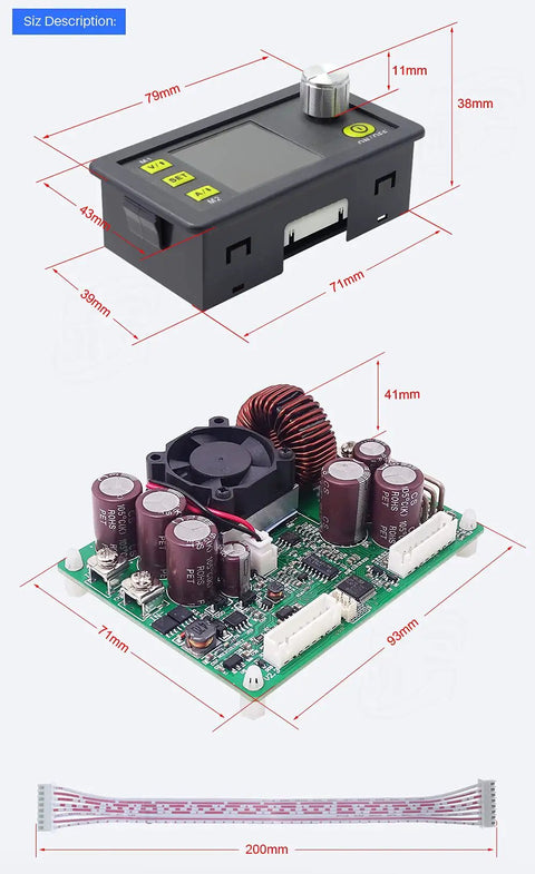 DC 6-60V To 0-50V 20A Constant Current Step-Down Buck Power Supply Module with dimensions diagram