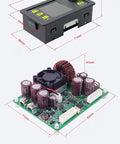 Diagram showing dimensions of 6 To 60V To 0 To 50V 20A DC Buck Converter Module With Voltmeter And USB Bluetooth Case for Android/PC.