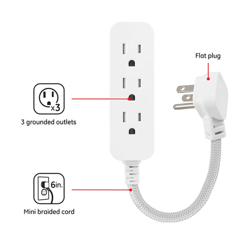 5 Pack 3 Outlet Power Strip With Surge Protection Grounded Flat Plug 6 Inch Designer Braided Cord White Gray Chevron UL Listed