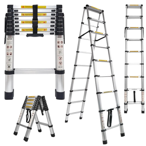 8.53 Ft A Frame Aluminum Telescoping Ladder With 9 Plus 9 Steps Silver Built Tough Like A Workhorse For Home Projects Holds Up To 330 Lb Lightweight And Sturdy For Garage Roof And Loft Tasks, folded and open views