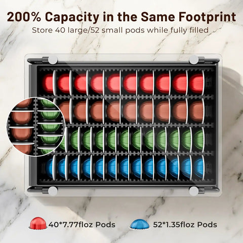 Top view of 3 Inch Slim Crystal Glass Coffee Capsule Organizer Drawer For Nespresso Vertuo Pods Holds 24 Pods NP06 on marble