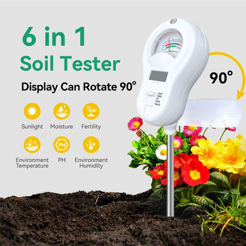 6 In 1 Soil Tester Kit with PH Moisture Light Temperature Humidity and Fertility Readouts displayed with flowers