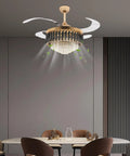 TTbhfui 42 Inch 3-Color Invisible Crystal LED Ceiling Fan Light with Remote hanging above a dining table in a modern setting.