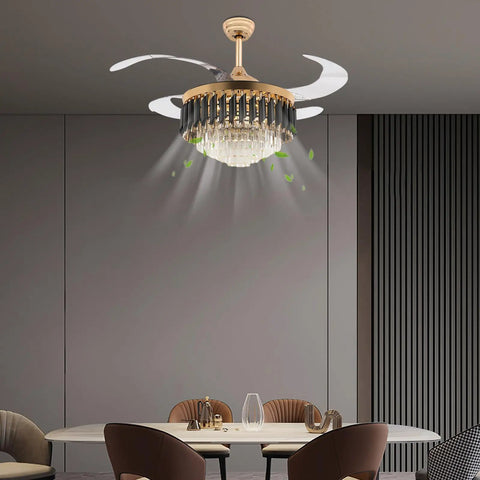 TTbhfui 42 Inch 3-Color Invisible Crystal LED Ceiling Fan Light with Remote hanging above a dining table in a modern setting.