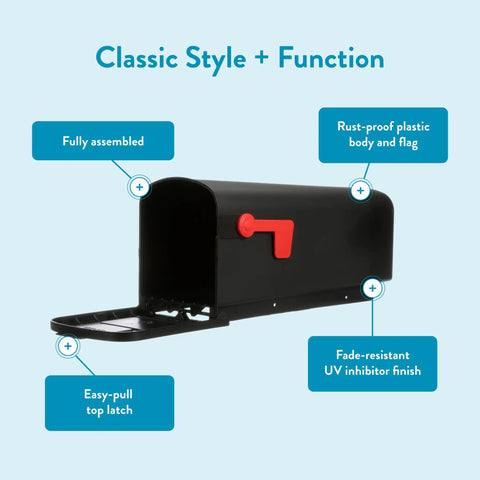 Rust-Proof Plastic Post Mounted Mailbox For Outdoor Use In Black, Medium Curbside Style, USPS Approved, open with red flag