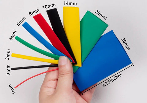 Assorted Heat Shrink Tubing Kit 410 Pieces With Five Colors And Ten Sizes for Wires, shown in hand for scale.