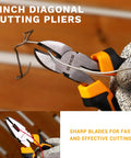 6-inch diagonal cutting pliers from All In One 6 Piece Pliers Set With 10 Inch Water Pump Pliers 8 Inch Slip Joint Pliers 8 Inch Linesman Pliers 8 Inch Long Nose Pliers 6 Inch Diagonal Pliers And 8 Inch Adjustable Wrench Pro Grade For Home Repair Shop DIY Pros used for cutting wire, close-up view.