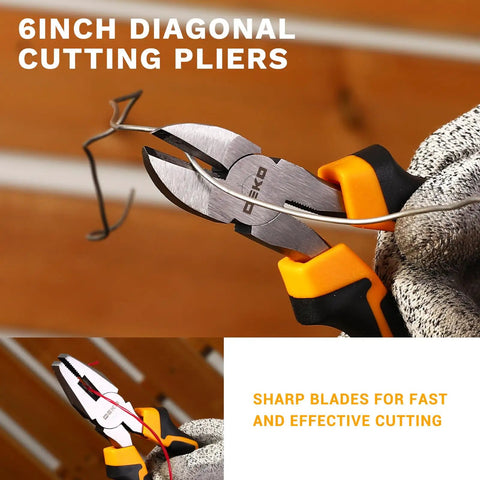 6-inch diagonal cutting pliers from All In One 6 Piece Pliers Set With 10 Inch Water Pump Pliers 8 Inch Slip Joint Pliers 8 Inch Linesman Pliers 8 Inch Long Nose Pliers 6 Inch Diagonal Pliers And 8 Inch Adjustable Wrench Pro Grade For Home Repair Shop DIY Pros used for cutting wire, close-up view.