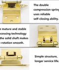 Self Closing Three Eighths Inch Brass Cabinet Hinges For Kitchen Cabinets And Bathroom Cabinets Inset Face Mount Heavy Duty Durable Hardware With Screws Easy To Install Modern Look SCH38BB 24 Hinges Included For Drawer Doors shown with features and specifications.