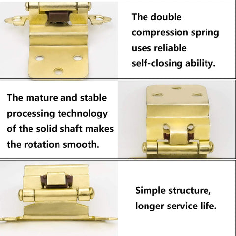 Self Closing Three Eighths Inch Brass Cabinet Hinges For Kitchen Cabinets And Bathroom Cabinets Inset Face Mount Heavy Duty Durable Hardware With Screws Easy To Install Modern Look SCH38BB 24 Hinges Included For Drawer Doors shown with features and specifications.