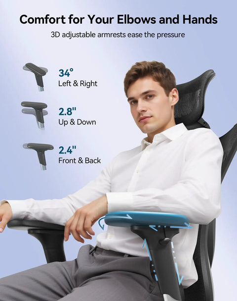 Man sitting in M57 Ergonomic Mesh Office Chair With High Back 3D Armrests Lumbar Support Adjustable Headrest And Tilt Ultra Comfy