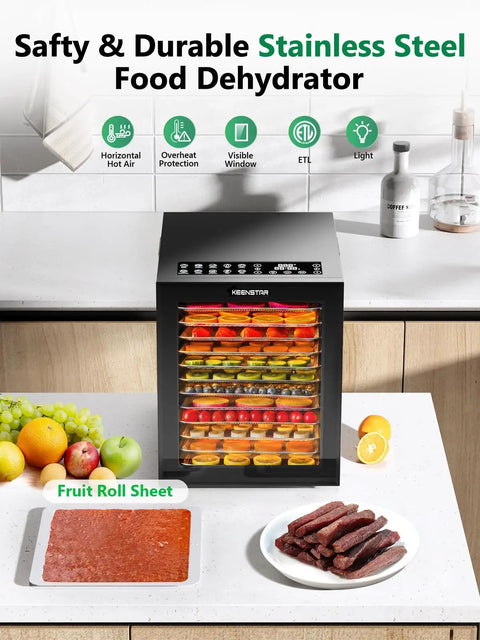 Food Dehydrator For Jerky And More With 12 Stainless Steel Trays displaying assorted fruits and meats on kitchen counter