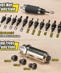 Two In One Rivet Nut Tool For Drill Converts To A Rivet Gun And Rivnut Tool Kit Includes Twelve Mandrels And Four Rivet Heads Works With 18V To 24V Cordless Drills showing mandrels and rivet heads displayed on a wooden surface