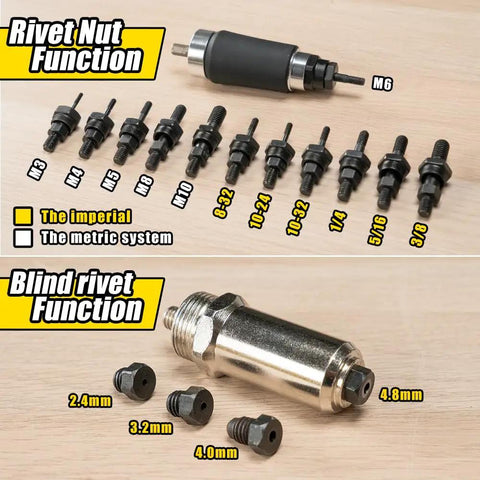 Two In One Rivet Nut Tool For Drill Converts To A Rivet Gun And Rivnut Tool Kit Includes Twelve Mandrels And Four Rivet Heads Works With 18V To 24V Cordless Drills showing mandrels and rivet heads displayed on a wooden surface