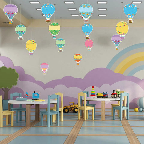 Colorful Fun Hot Air Balloon Cutouts Set Of 45 5 By 7 Inch Classroom Bulletin Board Accents For Back To School Decorations in use