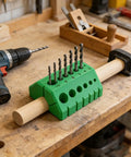 Premium Drill Guide Block For Dead On Straight Holes And Hella Accurate 45 And 90 Degree Angles, green jig with twist drill bits.