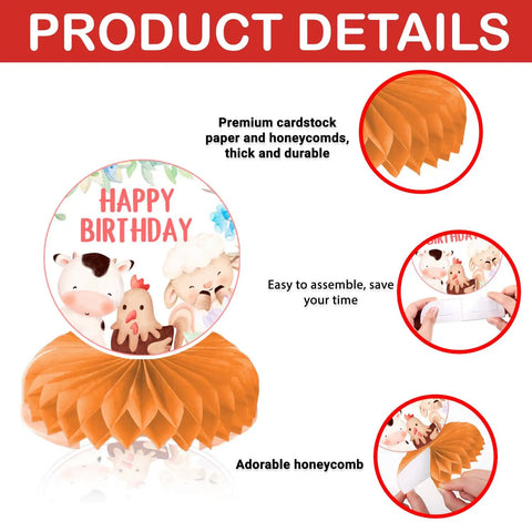 9 Piece Farm Honeycomb Centerpieces Set For Birthday Parties with detailed assembly and premium cardstock