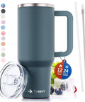 40 Oz Stainless Steel Tumbler With Handle And Straw For On The Go Hydration, shown with lid and accessories on white background