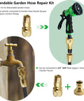 Expandable Garden Hose Repair Kit with Solid Brass Quick Connect Fittings, 3/4 Inch GHT Adapter, showing installation on faucet.