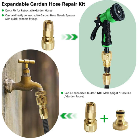 Expandable Garden Hose Repair Kit with Solid Brass Quick Connect Fittings, 3/4 Inch GHT Adapter, showing installation on faucet.