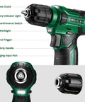 Smooth As Hell 8V Cordless Drill Set With One Hand Keyless Chuck And 42 Piece Accessory Kit Built In Bright Led Work Light Type C Fast Charge Cable, showing keyless chuck and LED features.