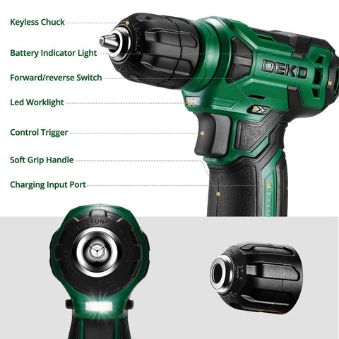 Smooth As Hell 8V Cordless Drill Set With One Hand Keyless Chuck And 42 Piece Accessory Kit Built In Bright Led Work Light Type C Fast Charge Cable, showing keyless chuck and LED features.