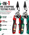 Hella Durable 4 In 1 Electrician Pliers With Built In Smart Voltage Tester, red and green, used for electrical repair and DIY tasks.