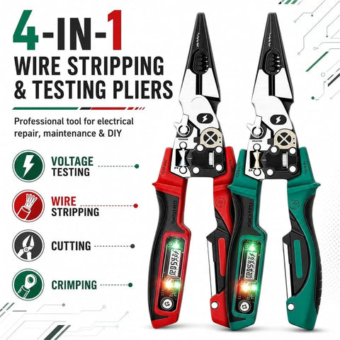 Hella Durable 4 In 1 Electrician Pliers With Built In Smart Voltage Tester, red and green, used for electrical repair and DIY tasks.