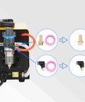 Rear view of HYC410 110V Plasma Cutter, shows components and connections, featuring air filters and adapter setup for metal cutting.