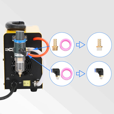 Rear view of HYC410 110V Plasma Cutter, shows components and connections, featuring air filters and adapter setup for metal cutting.