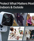 Cam 2 Indoor Outdoor WiFi Security Camera With Full Color Low Light Video, showing various security applications indoors and outdoors.