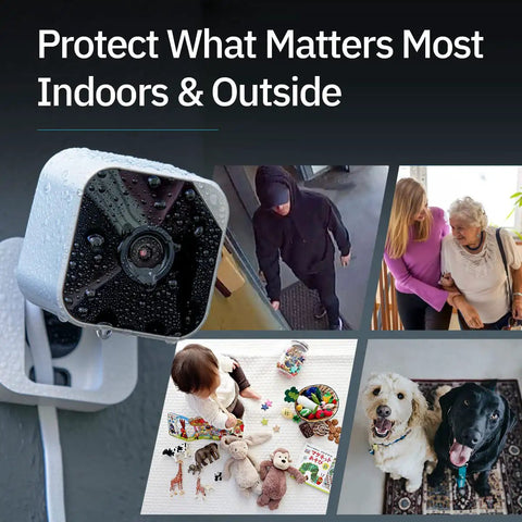 Cam 2 Indoor Outdoor WiFi Security Camera With Full Color Low Light Video, showing various security applications indoors and outdoors.