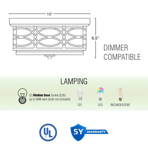 Diagram of 13 Inch Modern Lattice Drum Flush Mount Ceiling Light With Two Lights In Brushed Nickel Finish, dimensions shown.